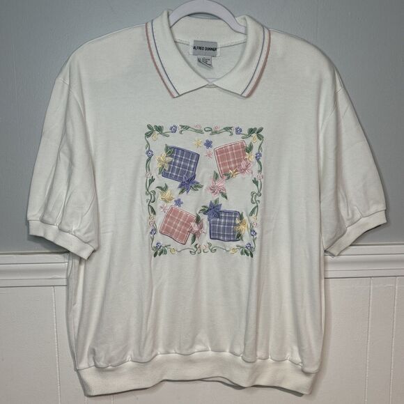 Alfred Dunner Tops - Alfred Dunner Size Large Floral Embroidered Collared Shirt VTG Shoulder Pads